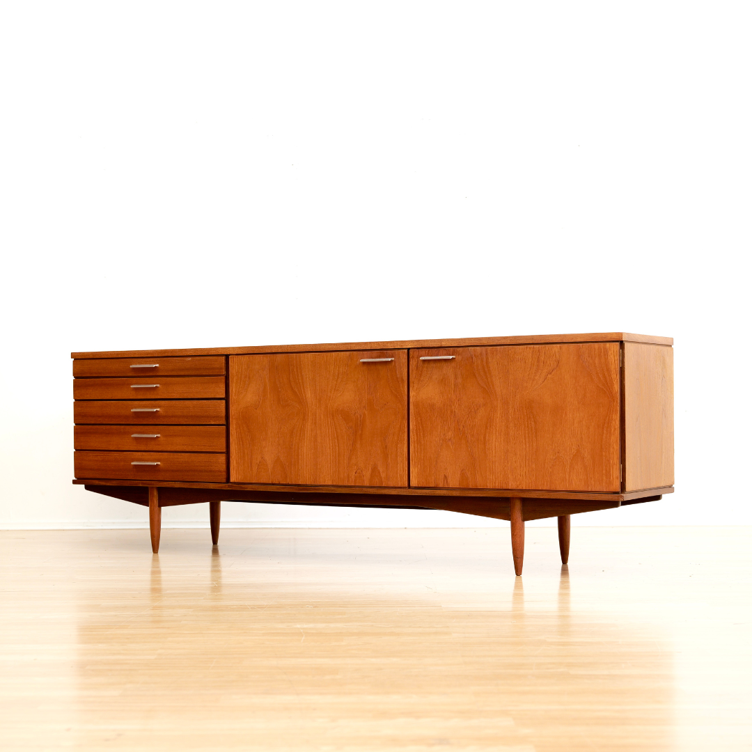 LONG MID CENTURY TEAK CREDENZA BY WHITE & NEWTON
