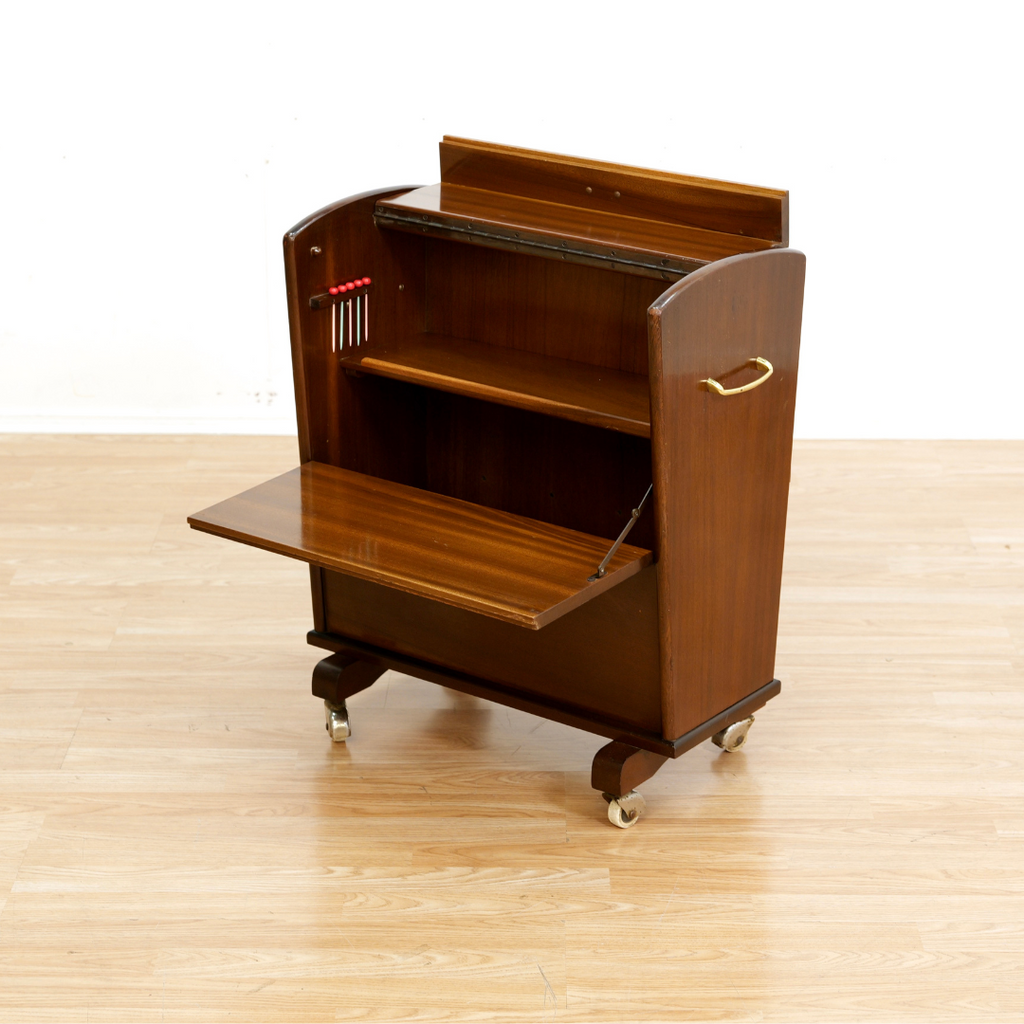 MID CENTURY ENCLOSED PORTABLE BAR CART ON WHEELS