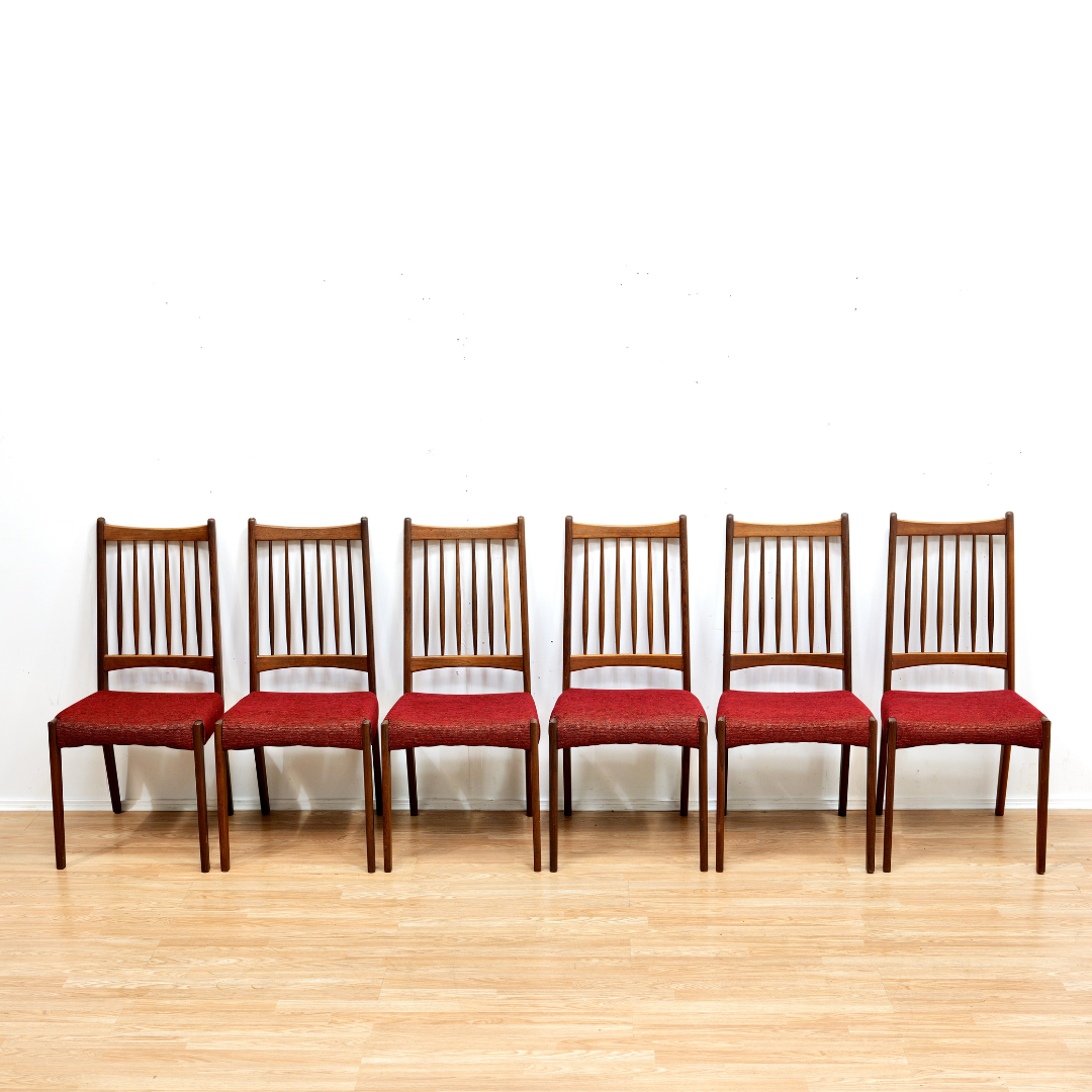 SET OF SIX DANISH MODERN DINING CHAIRS IN TEAK & RED