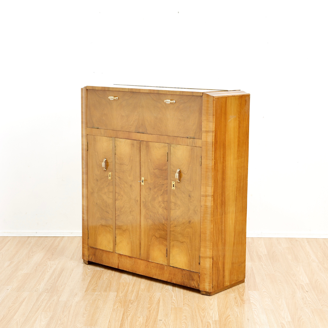 1930S ENGLISH ART DECO WALNUT BURL DRY BAR LIQUOR CABINET