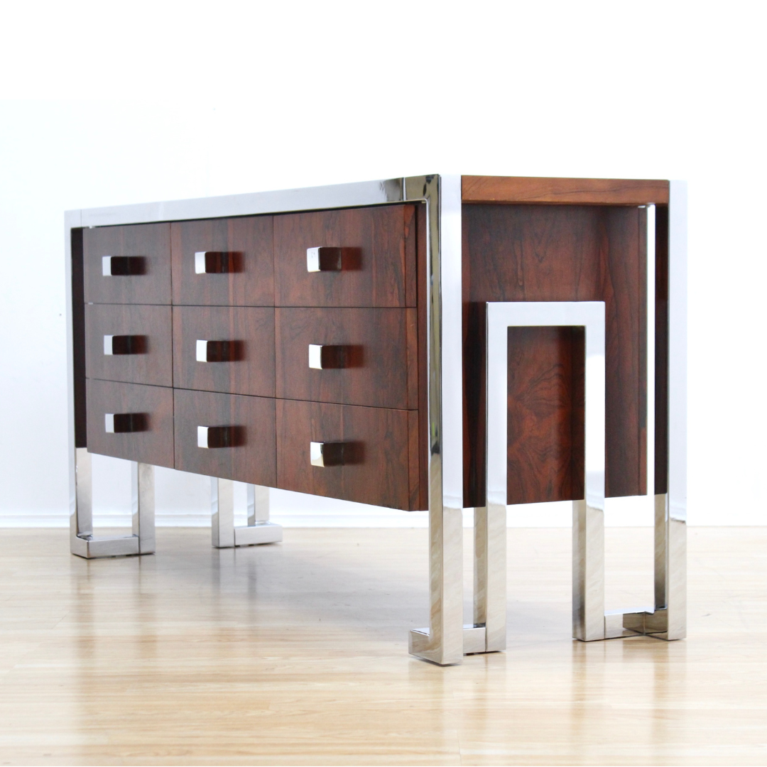 VINTAGE BRITISH ROSEWOOD & CHROME DRESSER CREDENZA BY TIM BATES FOR PIEFF FURNITURE