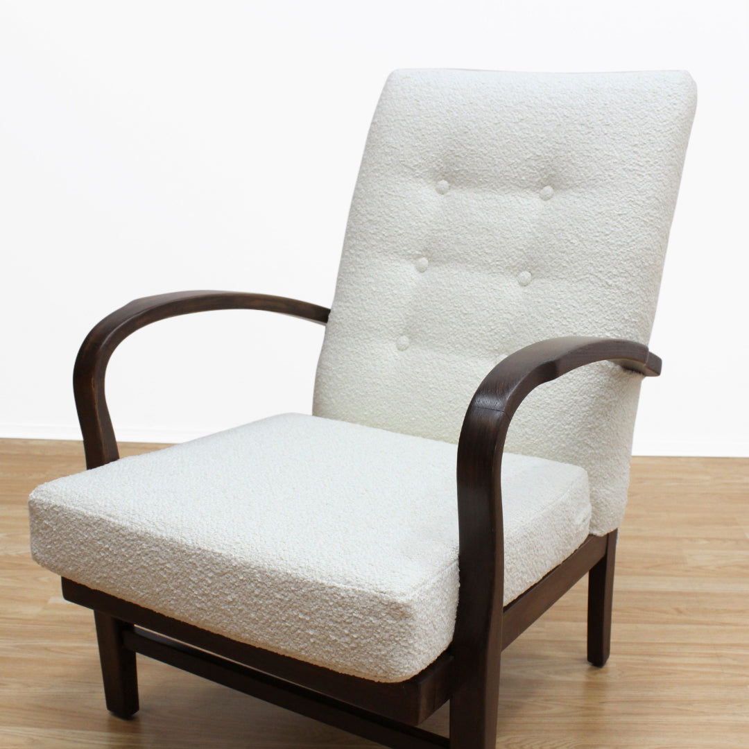 VINTAGE OAK 1940S BENTWOOD ARM CHAIR IN BOUCLE