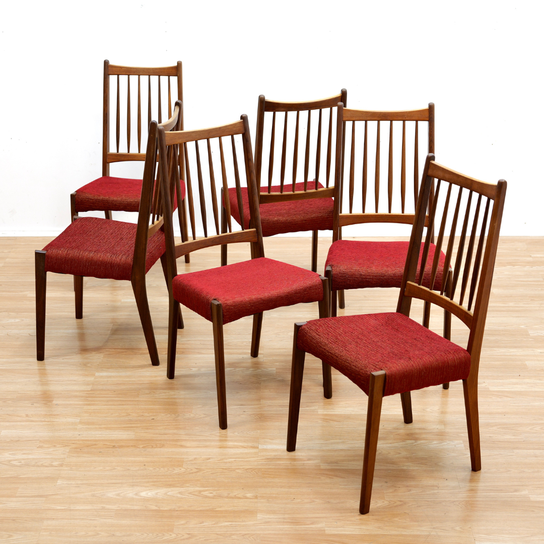 SET OF SIX DANISH MODERN DINING CHAIRS IN TEAK & RED