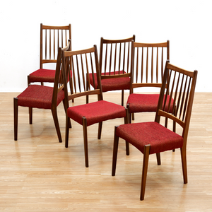 SET OF SIX DANISH MODERN DINING CHAIRS IN TEAK & RED