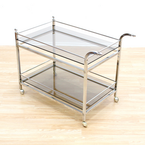 VINTAGE 1970S CHROME & SMOKED GLASS BAR CART BY MERROW ASSOCIATES