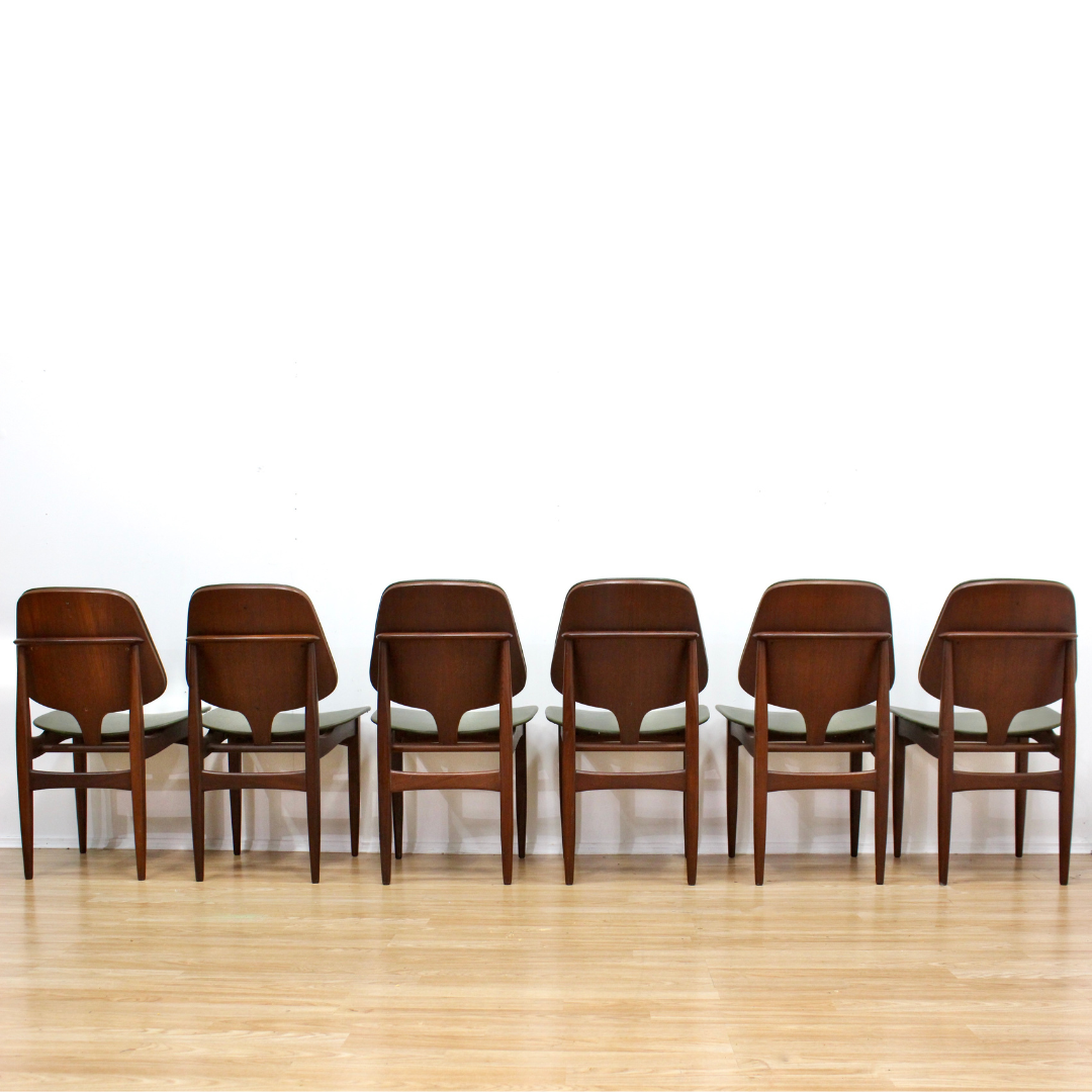 SET OF SIX MID CENTURY DINING CHAIRS BY ELLIOTS OF NEWBURY IN OLIVE GREEN