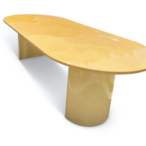 POSTMODERN 1980S KARL SPRINGER GOATSKIN CONFERENCE DINING TABLE OVAL KNIFE EDGE TOP DUAL DEMILUNE PEDESTAL BASE