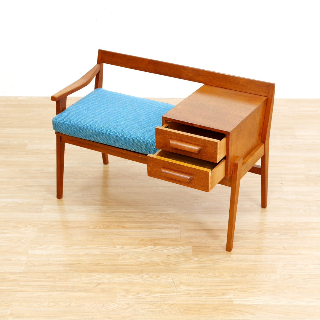 MID CENTURY ENTRYWAY BENCH IN TEAK & BLUE