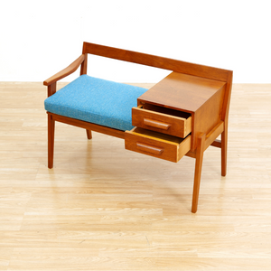 MID CENTURY ENTRYWAY BENCH IN TEAK & BLUE
