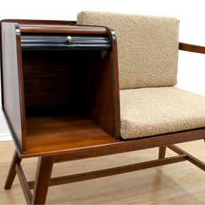 MID CENTURY WALNUT ENTRYWAY BENCH IN BISCUIT BOUCLE