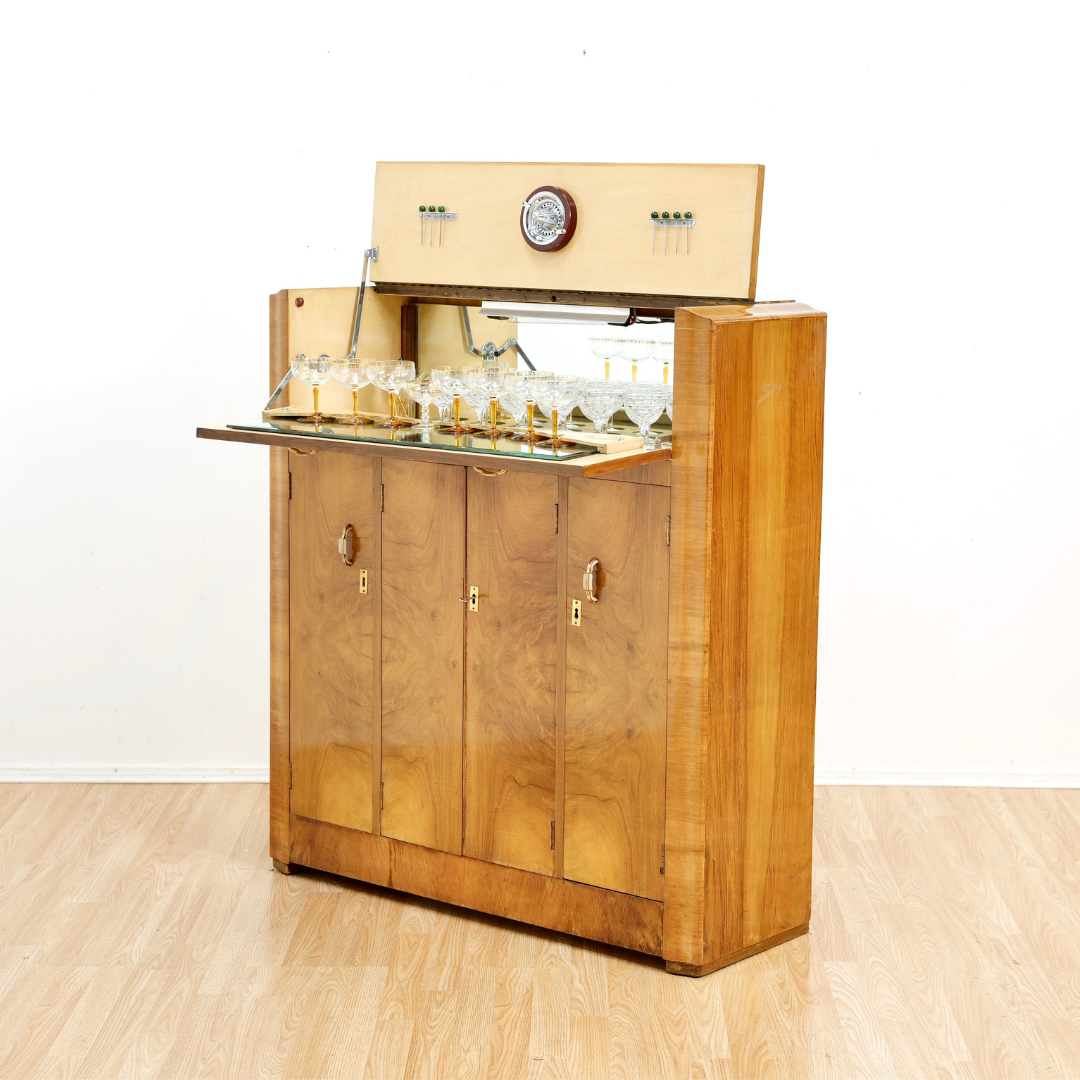 1930S ENGLISH ART DECO WALNUT BURL DRY BAR LIQUOR CABINET