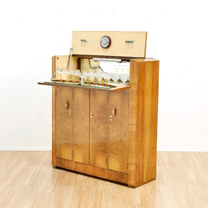 1930S ENGLISH ART DECO WALNUT BURL DRY BAR LIQUOR CABINET