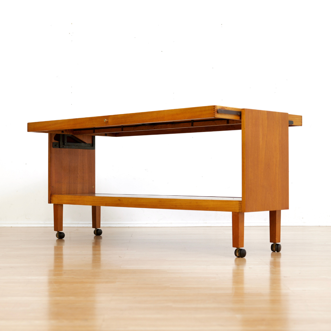 LARGE MID CENTURY MECHANICAL BAR CART FOLDING CONSOLE TABLE