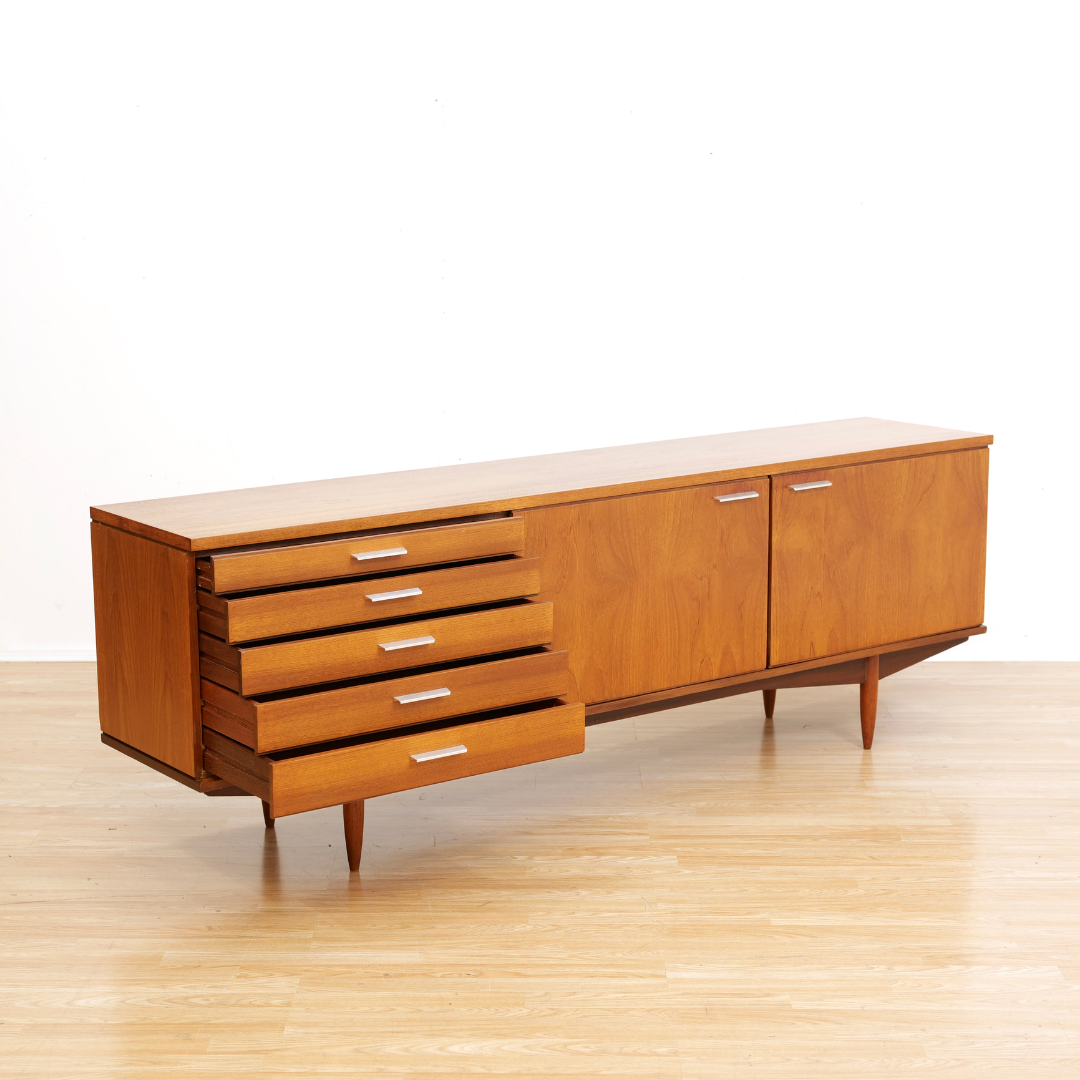 LONG MID CENTURY TEAK CREDENZA BY WHITE & NEWTON