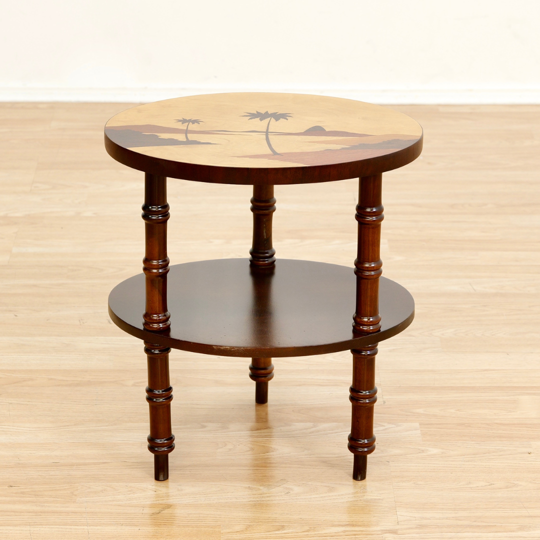 1950s Brazilian Tiki Side Table Inlaid Marquetry Beach Scene