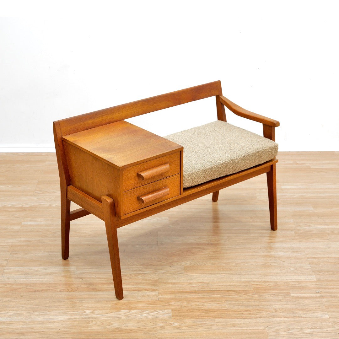 Reserved MID CENTURY ENTRYWAY BENCH IN TEAK & BOUCLE