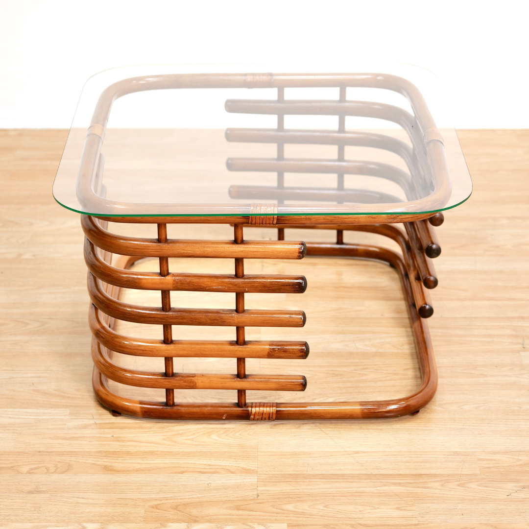 VINTAGE 1970S BENT BAMBOO RATTAN & GLASS COFFEE TABLE