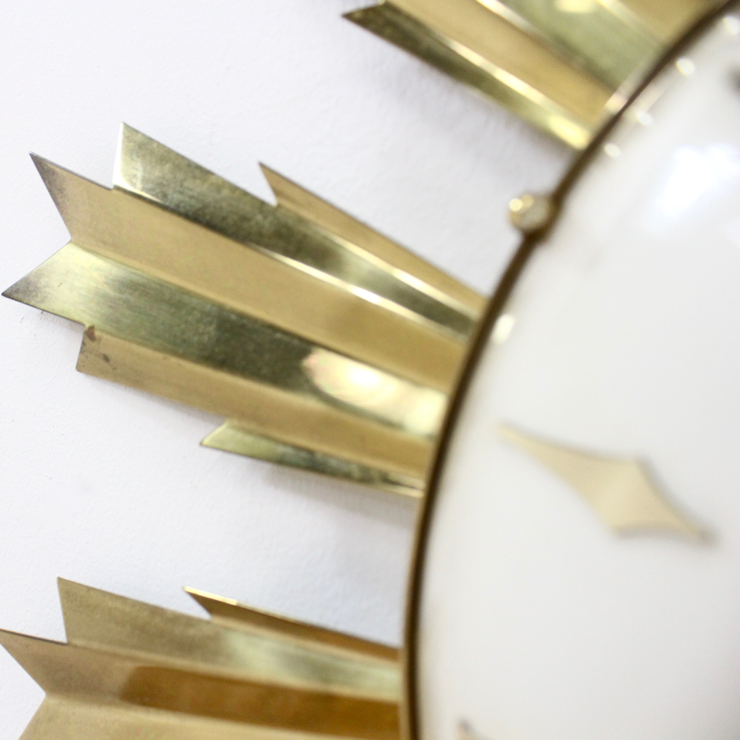 MID CENTURY BRASS SUNBURST WALL CLOCK