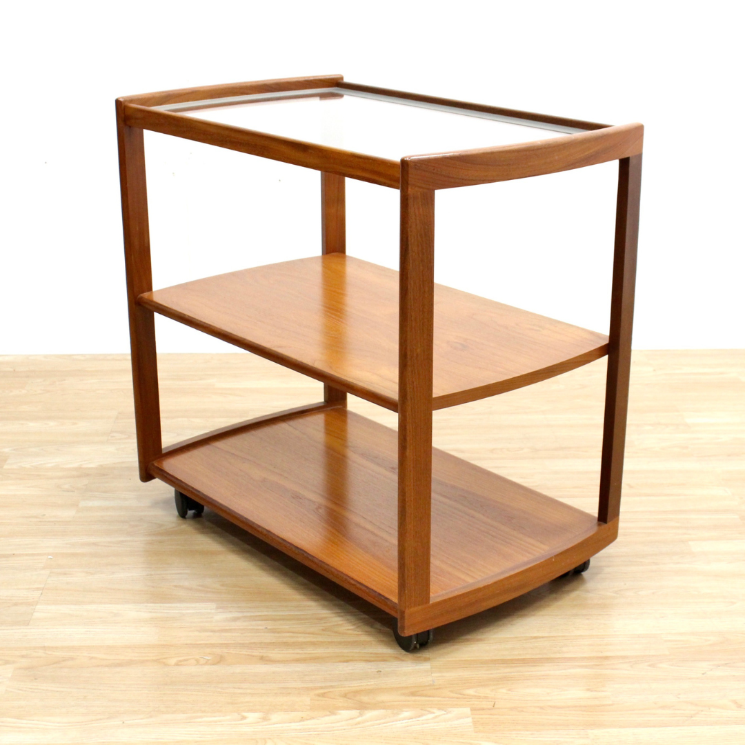 MID CENTURY BAR CART IN TEAK & GLASS