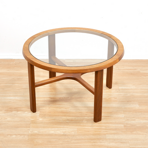 MID CENTURY TEAK AND GLASS ROUND COFFEE TABLE BY STONEHILL