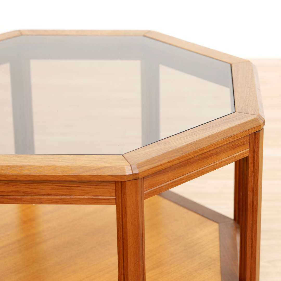 MID CENTURY TEAK & GLASS OCTAGONAL COFFEE SIDE TABLE