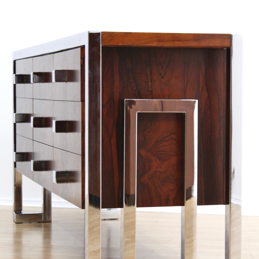 VINTAGE BRITISH ROSEWOOD & CHROME DRESSER CREDENZA BY TIM BATES FOR PIEFF FURNITURE