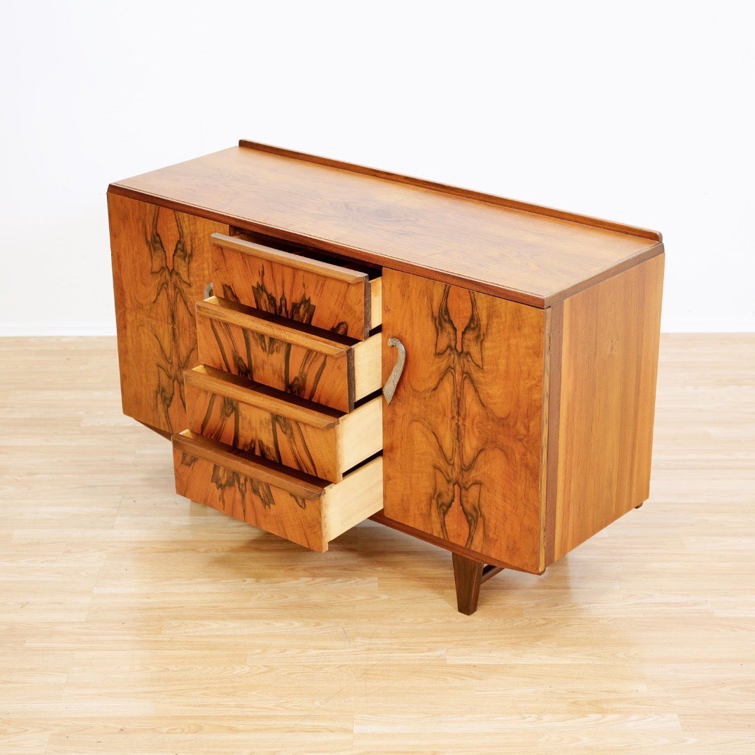 1930S ENGLISH ART DECO MATCHBOOK GRAIN BUFFET CREDENZA BY FARLOW