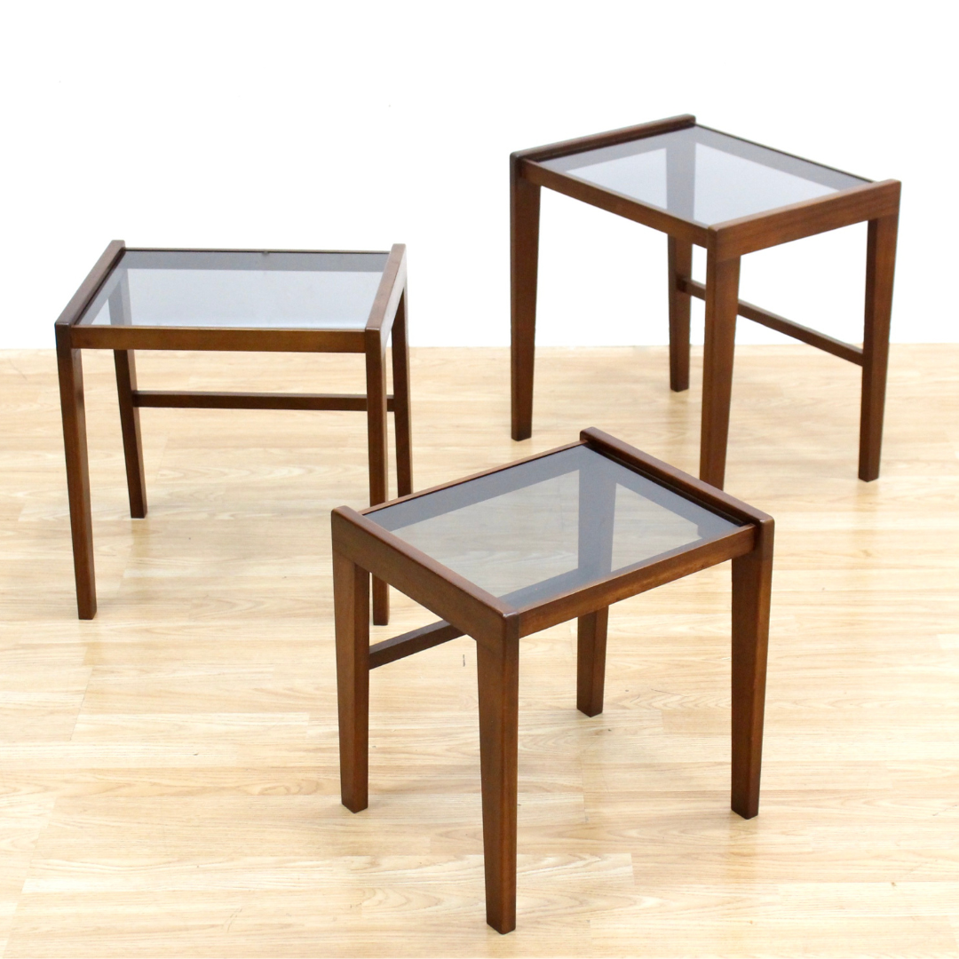 DANISH MODERN SMOKED GLASS NESTING SIDE TABLES