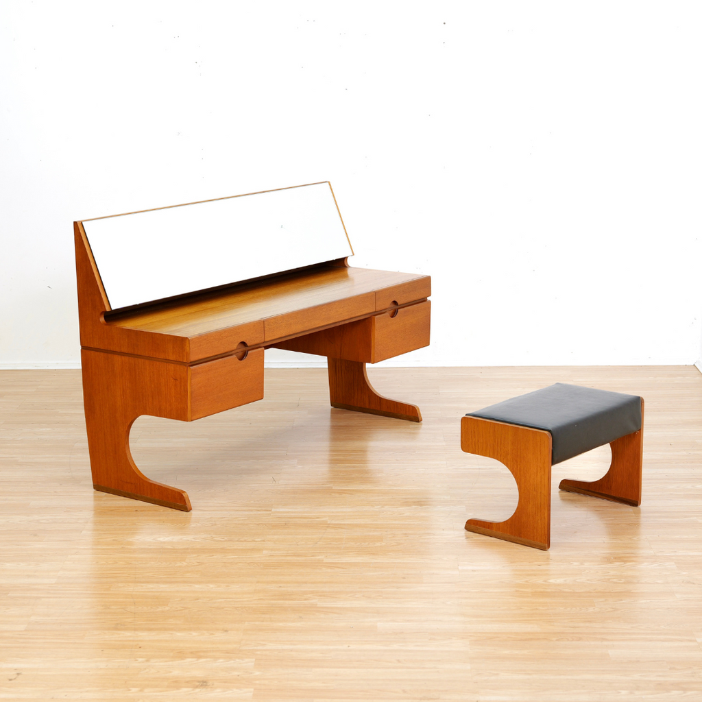 MID CENTURY TEAK VANITY & STOOL BY UNIFLEX