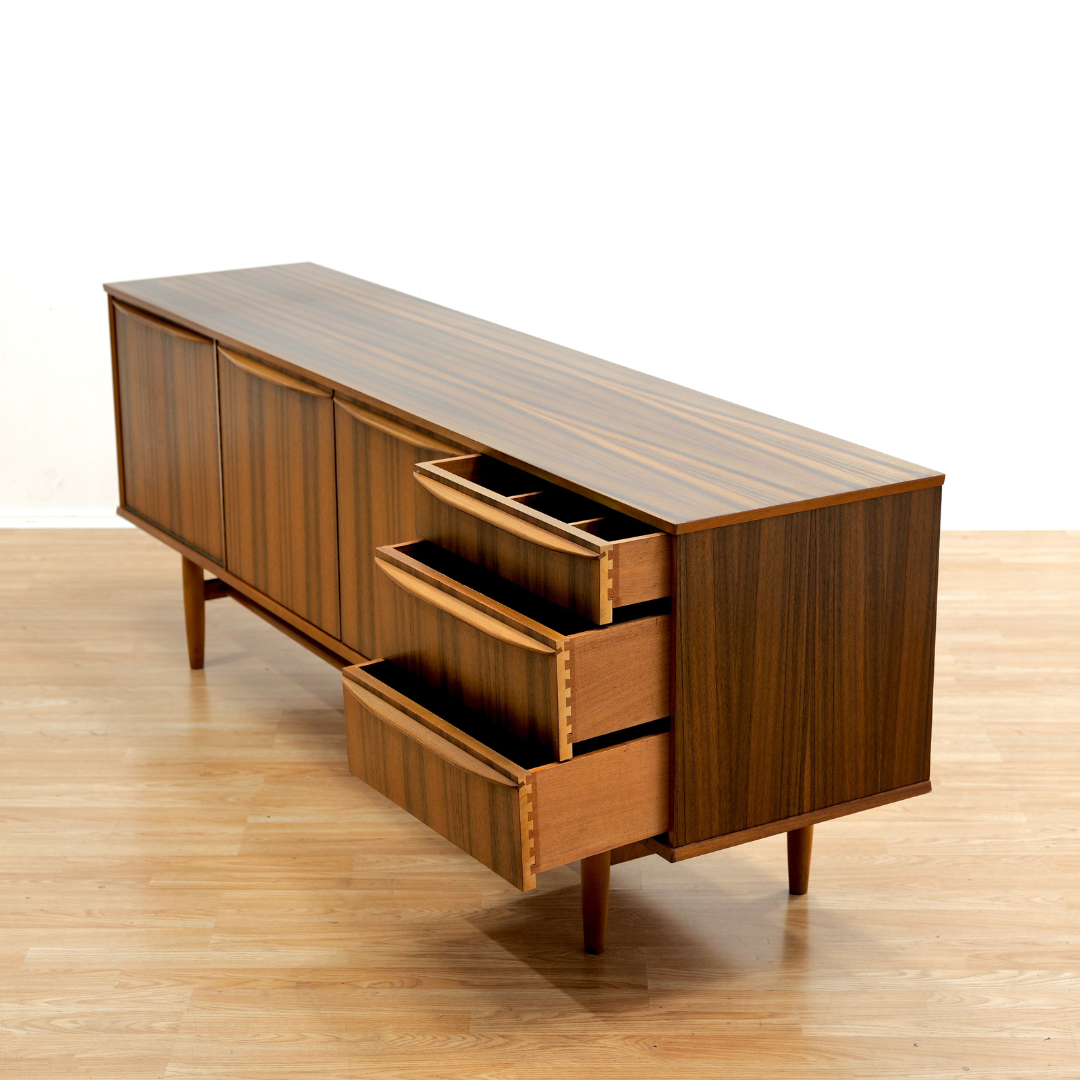 MID CENTURY LONG TEAK CREDENZA BY NEIL MORRIS FOR MORRIS OF GLASGOW