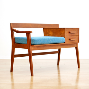 MID CENTURY ENTRYWAY BENCH IN TEAK & BLUE