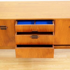 MID CENTURY TEAK CORINTHIAN CREDENZA BY NATHAN FURNITURE