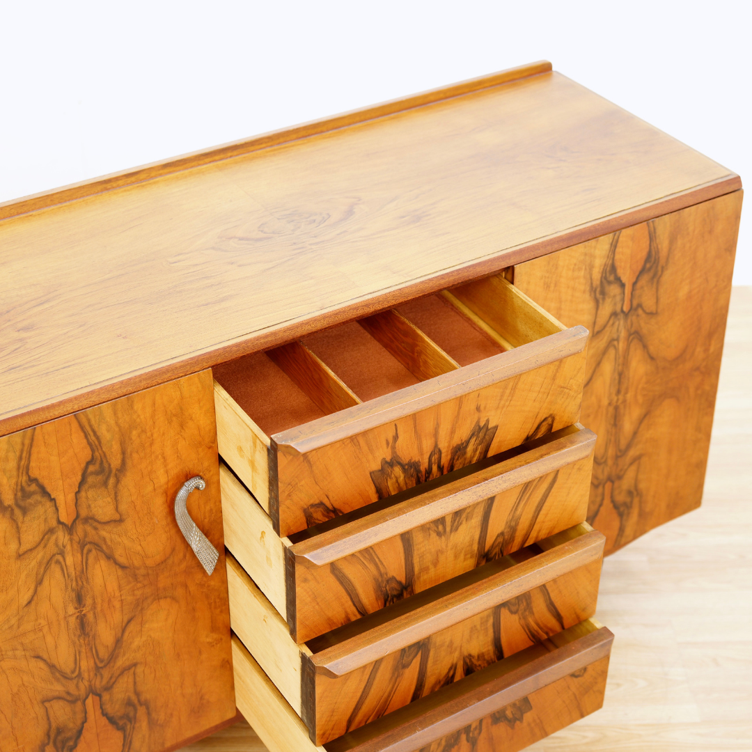 1930S ENGLISH ART DECO MATCHBOOK GRAIN BUFFET CREDENZA BY FARLOW