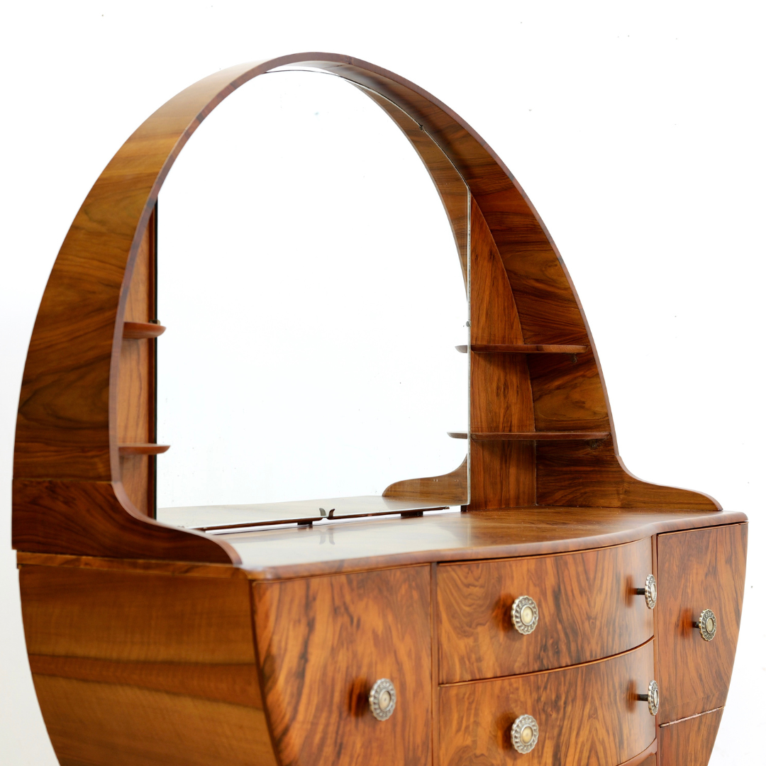 1960S ART DECO REVIVAL WALNUT VANITY DRESSER AND MIRROR