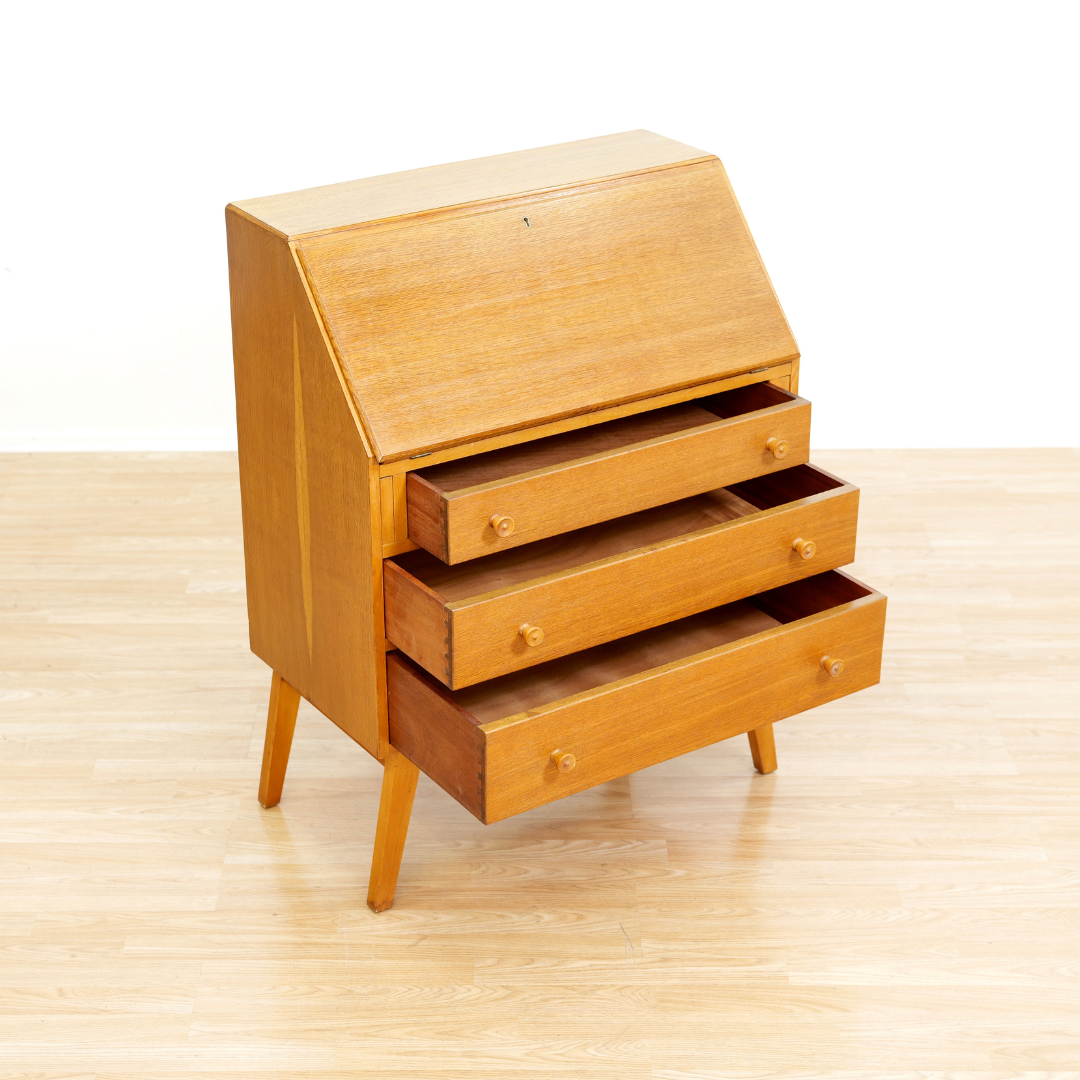MID CENTURY OAK SECRETARY DESK BY FINELINE FURNITURE OF LONDON