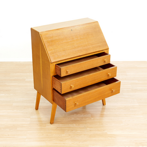 MID CENTURY OAK SECRETARY DESK BY FINELINE FURNITURE OF LONDON
