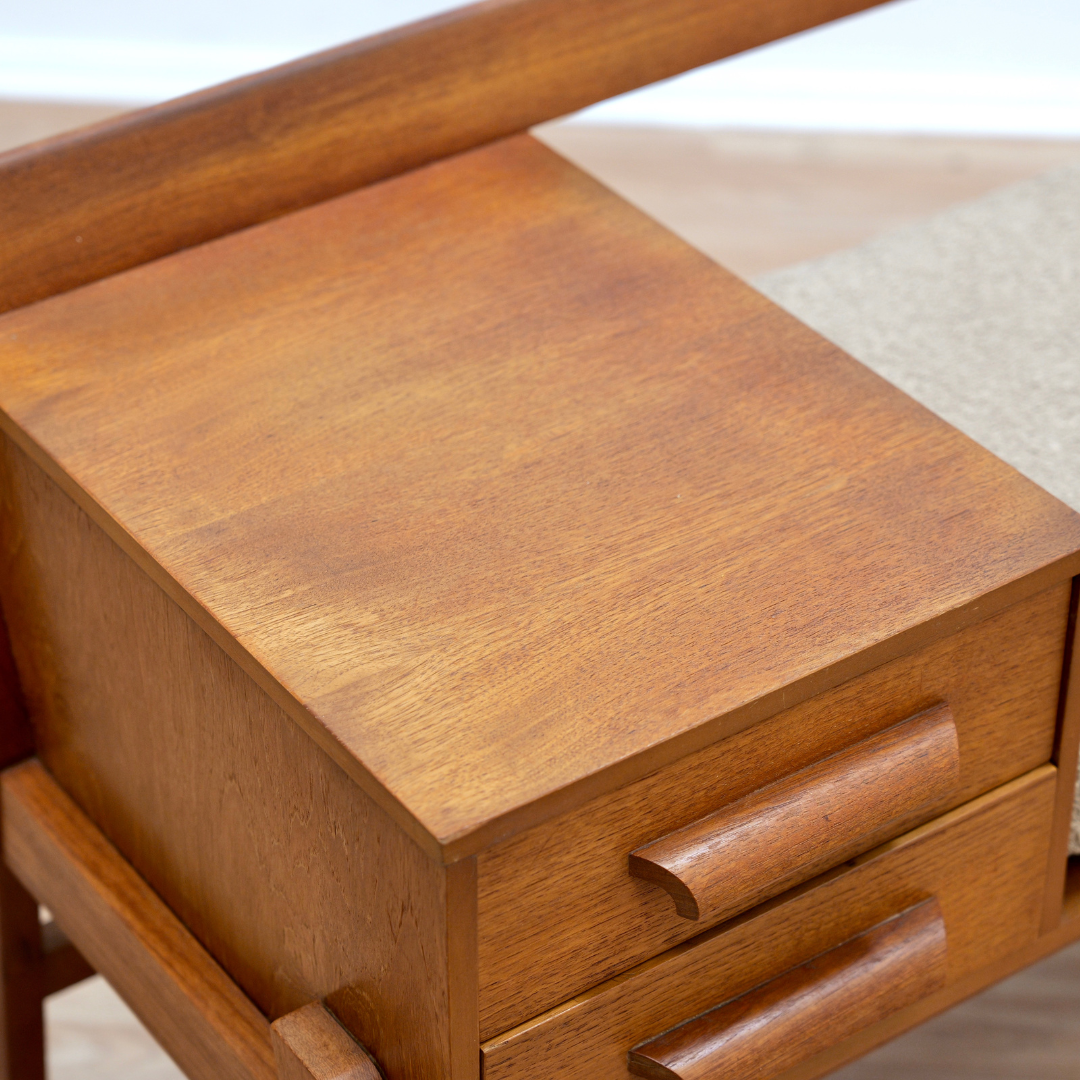 Reserved MID CENTURY ENTRYWAY BENCH IN TEAK & BOUCLE