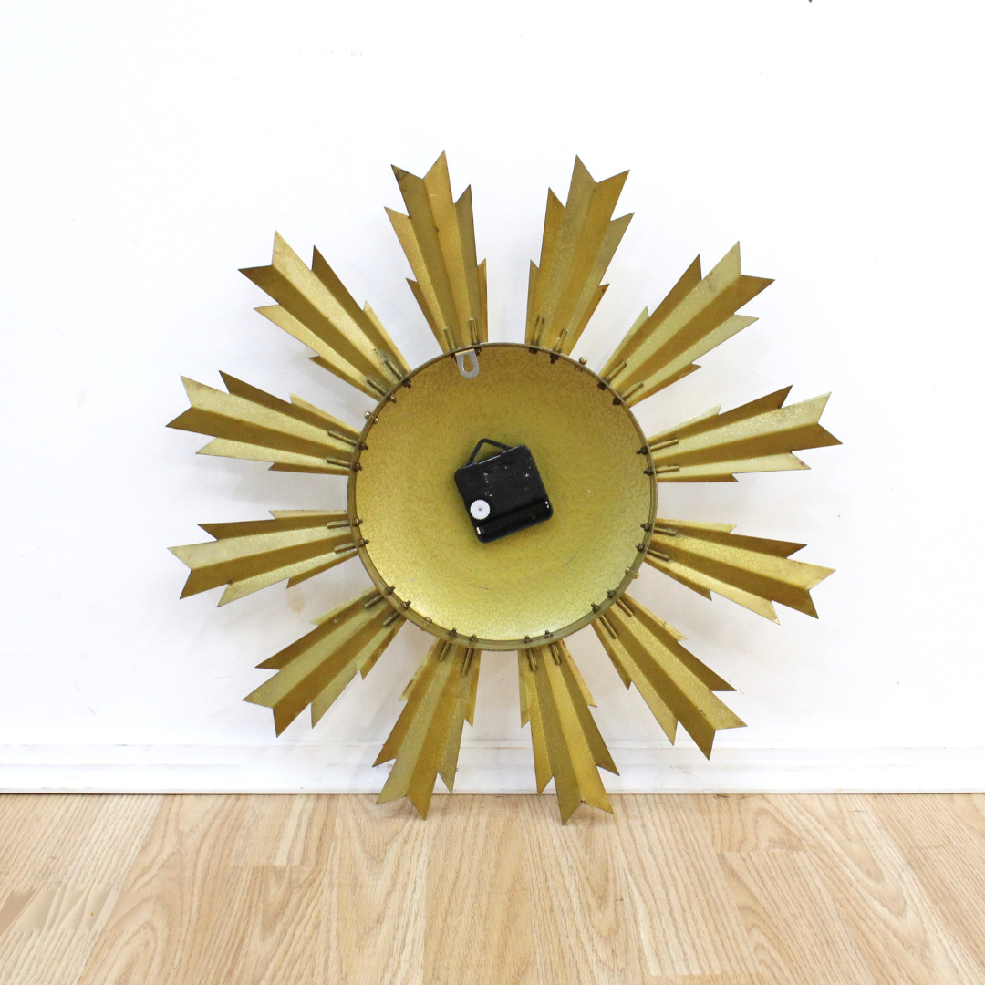 MID CENTURY BRASS SUNBURST WALL CLOCK