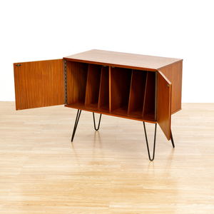 MID CENTURY TEAK VINYL RECORD STORAGE CABINET ON HAIRPIN LEGS