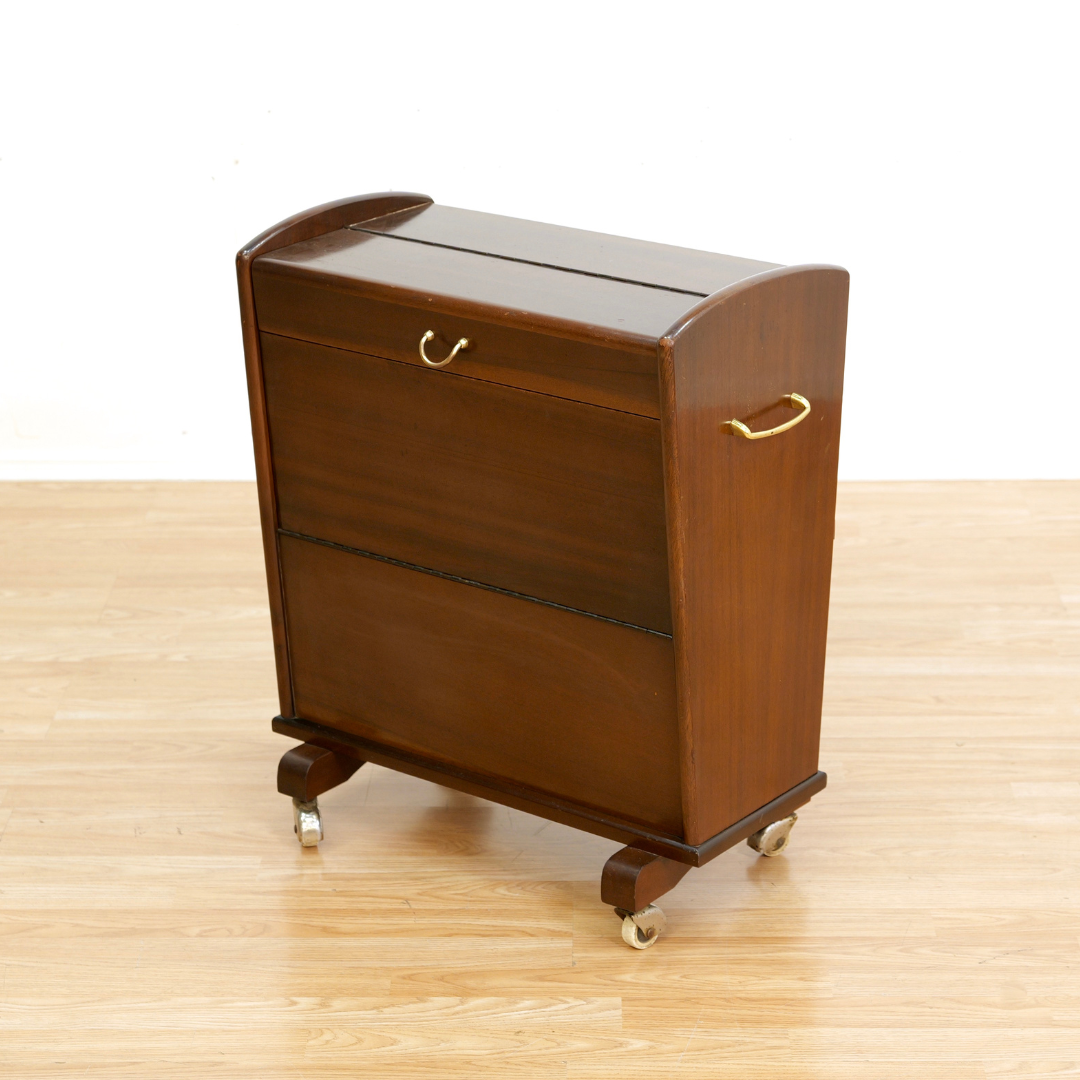 MID CENTURY ENCLOSED PORTABLE BAR CART ON WHEELS