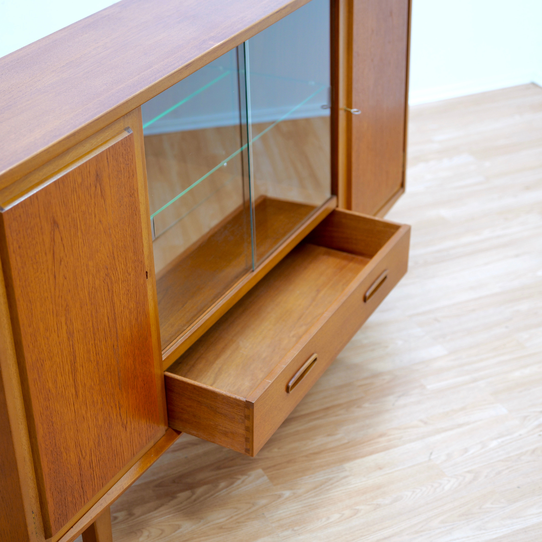 MID CENTURY TEAK CHINA DISPLAY CABINET SIDEBOARD BY JENTIQUE FURNITURE