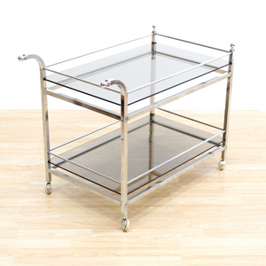 VINTAGE 1970S CHROME & SMOKED GLASS BAR CART BY MERROW ASSOCIATES