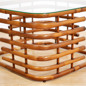 VINTAGE 1970S BENT BAMBOO RATTAN & GLASS COFFEE TABLE
