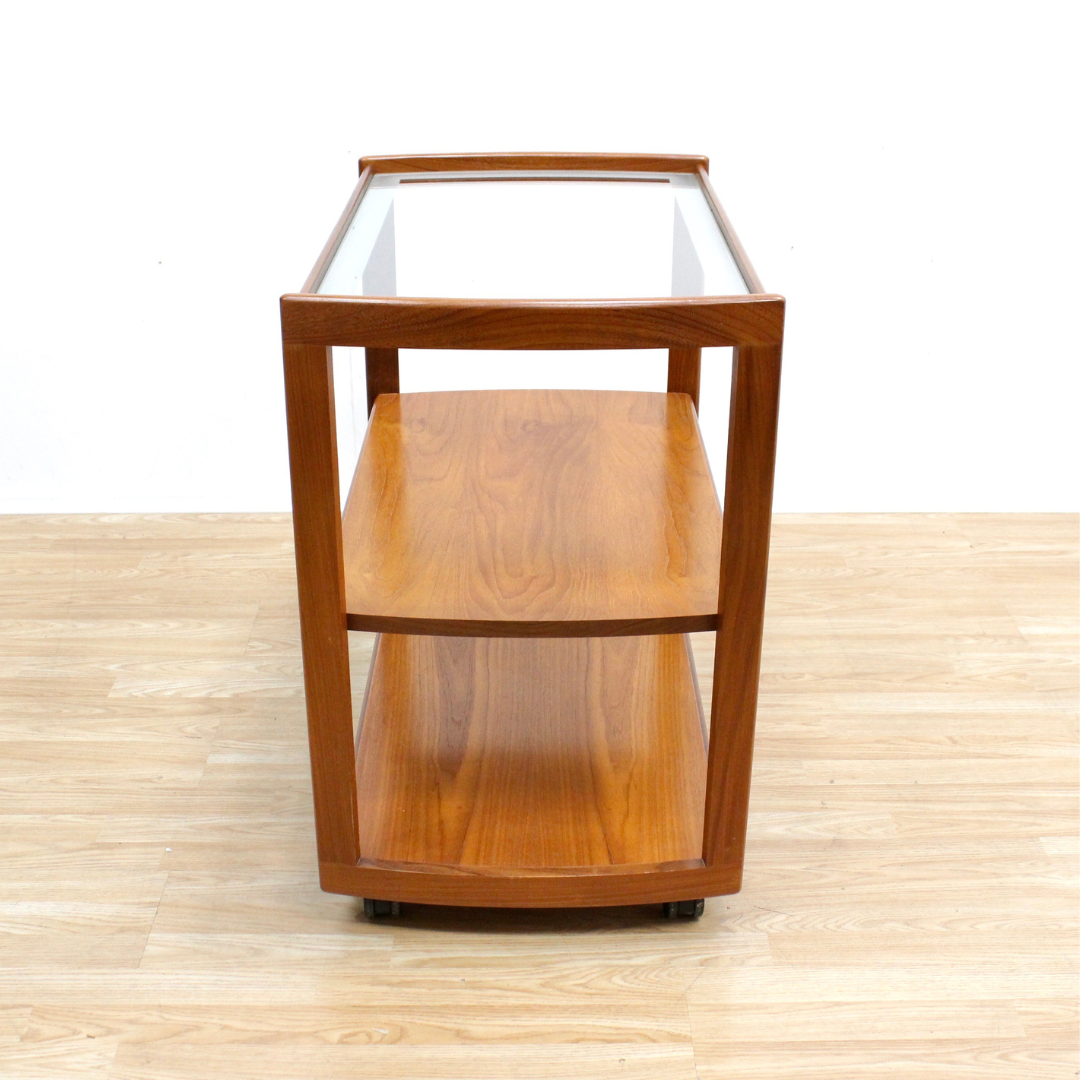 MID CENTURY BAR CART IN TEAK & GLASS