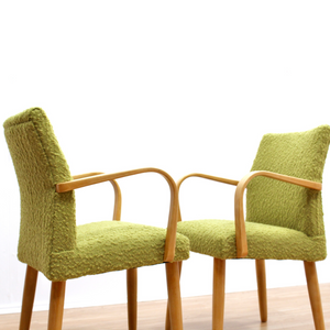 PAIR OF MID CENTURY 1950S BENT WOOD COCKTAIL LOUNGE CHAIRS IN GREEN TWEED