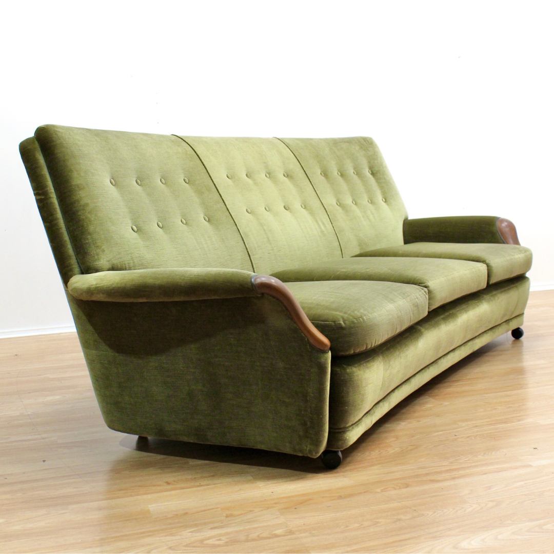 MID CENTURY GREEN VELVET SOFA & CHAIRS BY HEALS OF LONDON