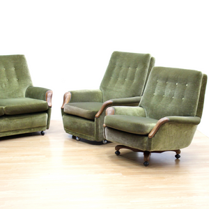 MID CENTURY GREEN DRAYLON SOFA & CHAIRS BY HEALS OF LONDON