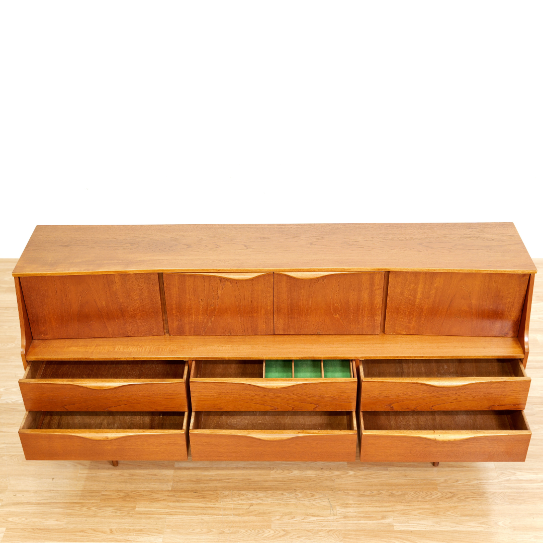MID CENTURY TEAK CREDENZA BUFFET BY SUTCLIFFE OF TODMORDEN