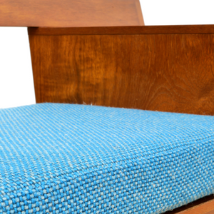 MID CENTURY ENTRYWAY BENCH IN TEAK & BLUE