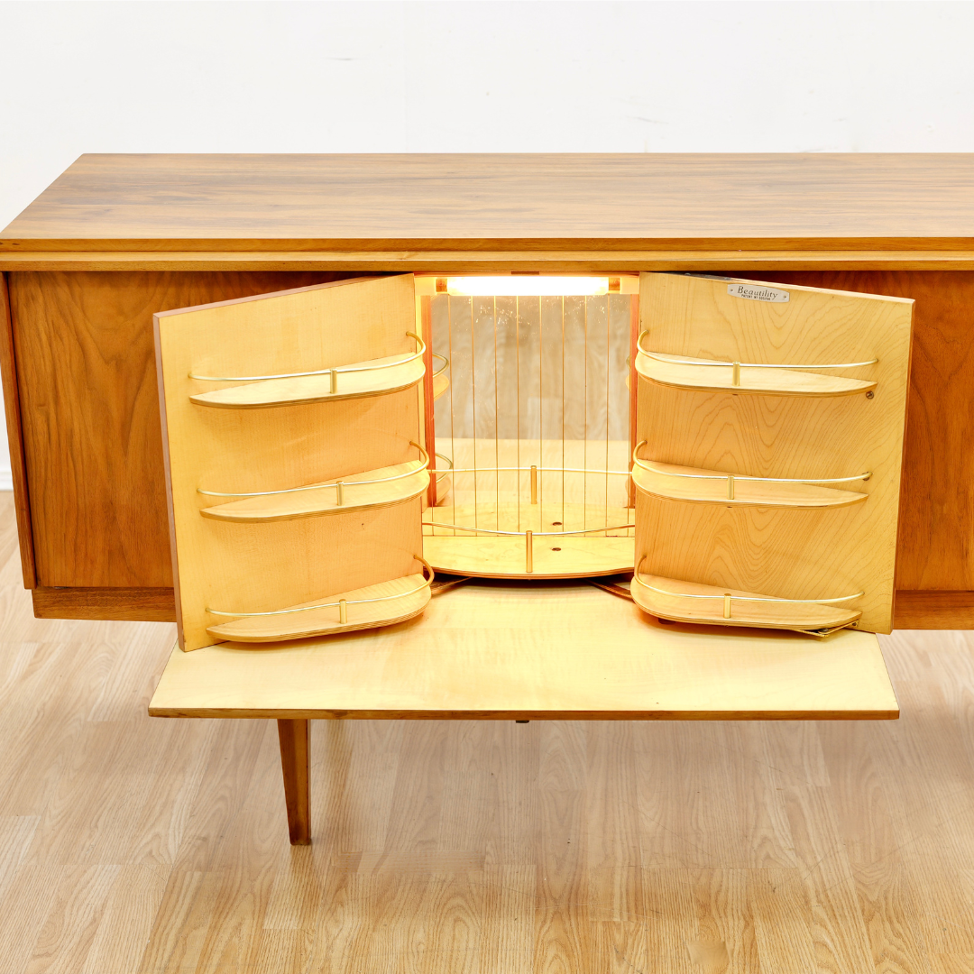 MID CENTURY WALNUT LIQUOR CABINET CREDENZA BY BEAUTILITY FURNITURE